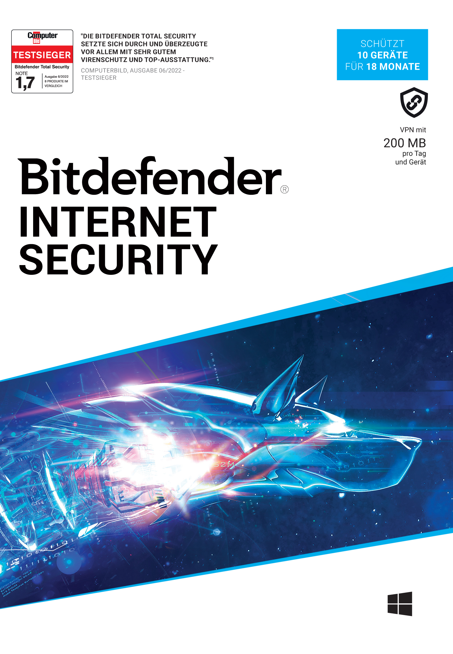 Bitdefender Internet Security 2024 inkl. 200MB VPN / 10 Gerät / 1,5 Jahr / Download ESD 