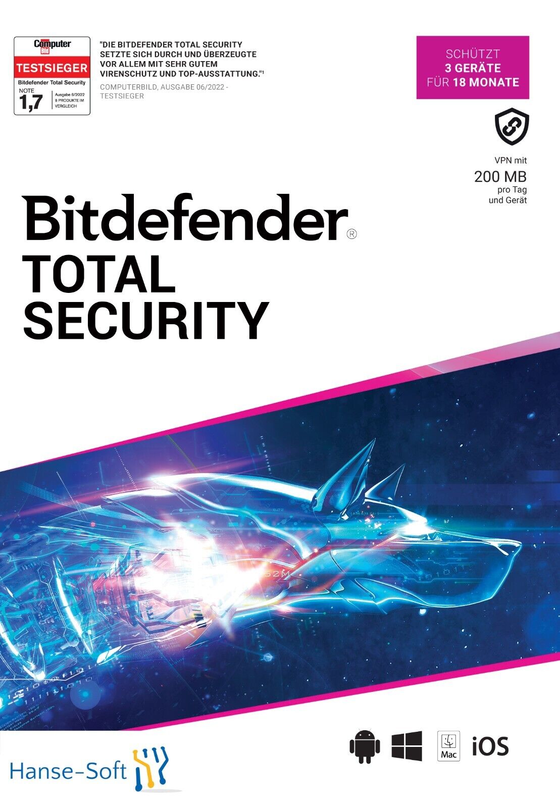 Bitdefender Total Security 2024 inkl. 200MB VPN, 3 Geräte, 18 Monate, Download