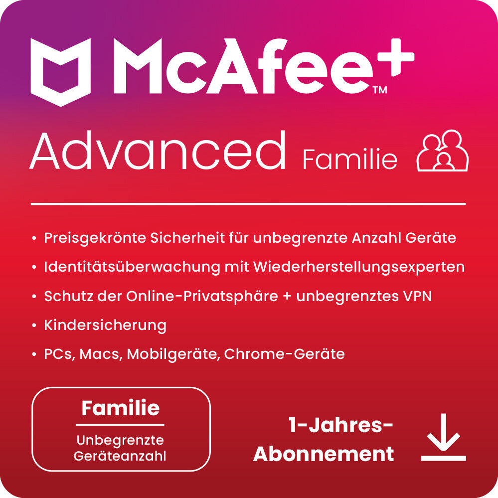McAfee+ ADVANCED Family Security - 2+4 Nutzer / Unbegrenzt-Geräte / 1 Jahr - KEY (ESD)