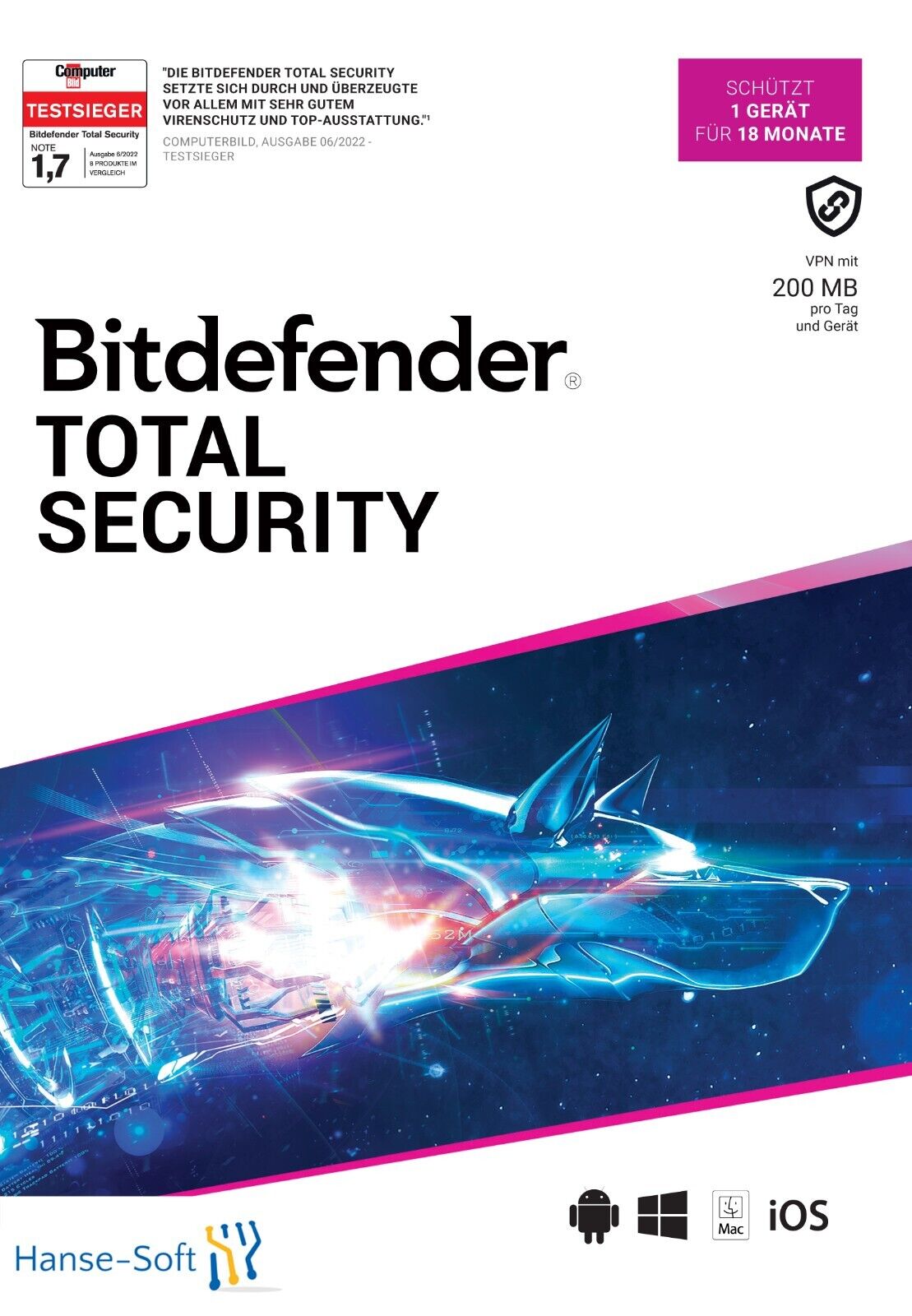 Bitdefender Total Security 2024 inkl. 200MB VPN, 1 Gerät, 1,5 Jahre, Download 