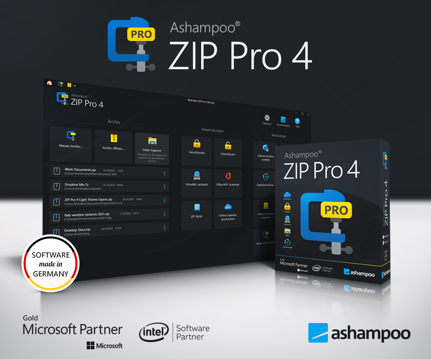 Ashampoo ZIP Pro 4, VollVersion, ZIP, RAR, TAR usw. entpacken / 1 PC / Dauerlizenz / ESD-Download