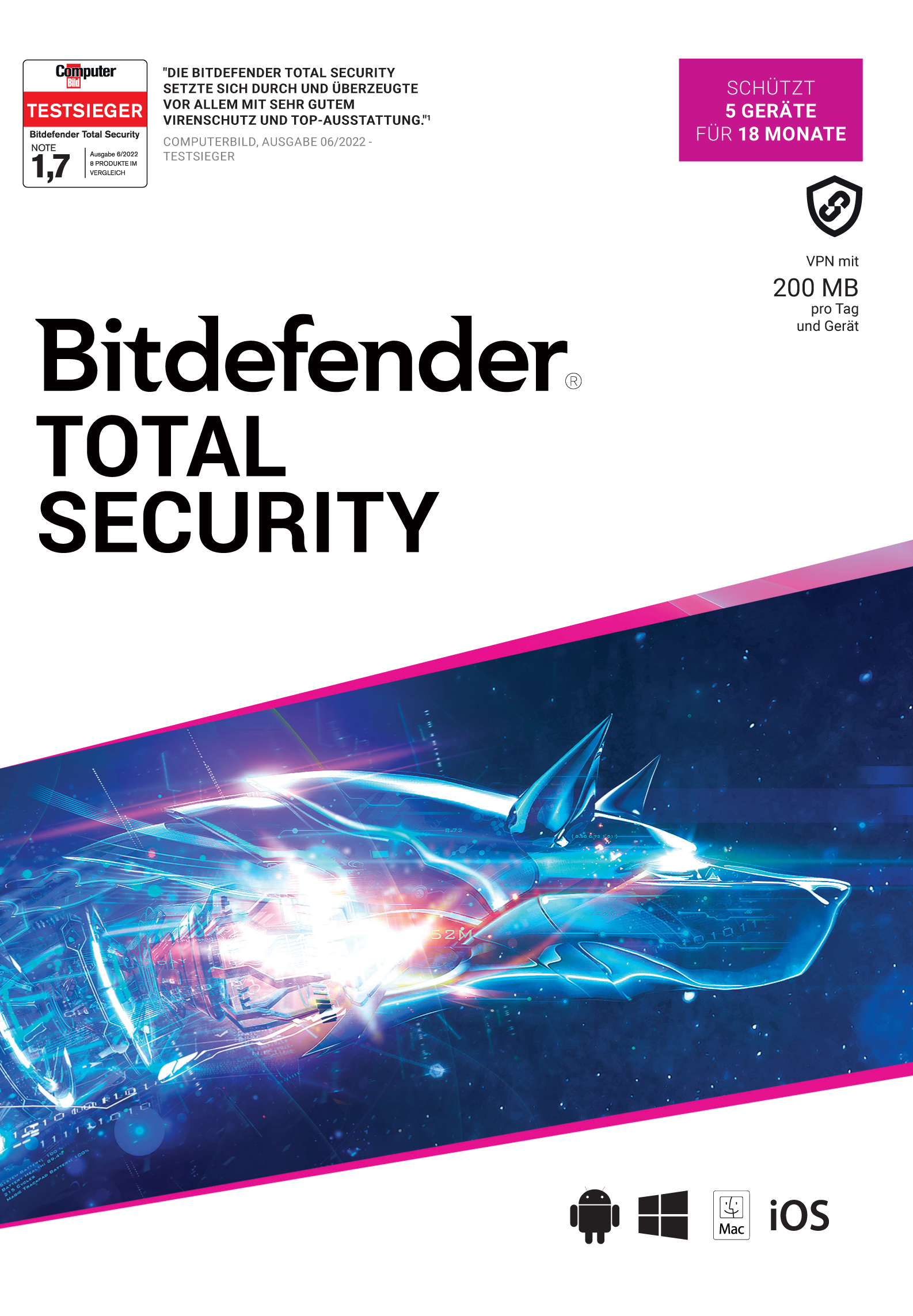 Bitdefender Total Security 2024 inkl. 200MB VPN / 5 Geräte / 1,5 Jahre / Download ESD