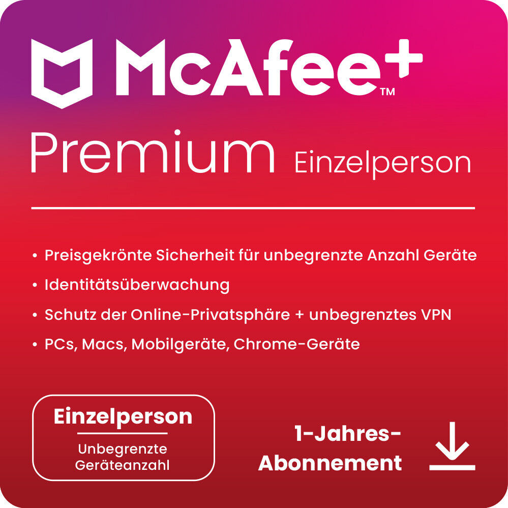 McAfee+ PREMIUM Individual Security - 1 Nutzer / Unbegrenzte-Geräte / 1 Jahr KEY (ESD)