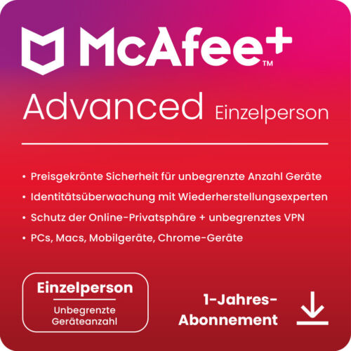 McAfee+ ADVANCED Individual Security - 1 Nutzer / Unbegr.-Geräte / 1 Jahr - KEY ESD
