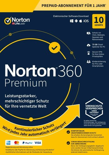 Norton 360 PREMIUM - 10 - Geräte / 1 Jahr PC/Mac/Android / Abo / ESD
