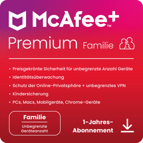 McAfee+ PREMIUM Family Security - 2+4 Nutzer / Unbegr.-Geräte / 1 Jahr - KEY (ESD)