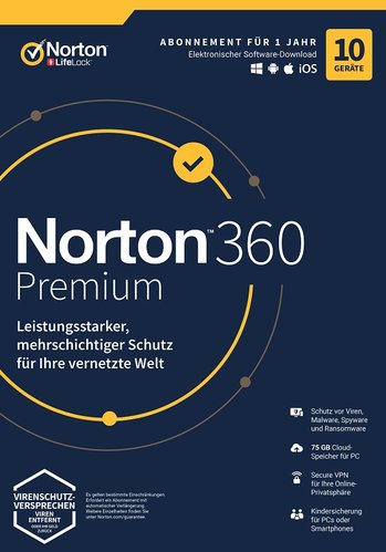 Norton 360 Premium - 10 Geräte / 1 Jahr inkl. 75GB, KEIN ABO, Download
