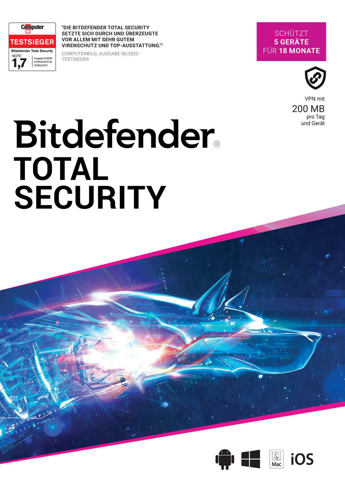 Bitdefender Total Security 2024 inkl. 200MB VPN, 5 Geräte, 18 Monate, Download