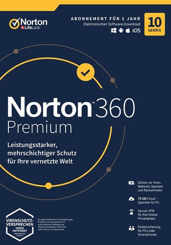 Norton 360 Premium / 10 Geräte / 1 Jahr inkl. 75GB / KEIN ABO / ESD