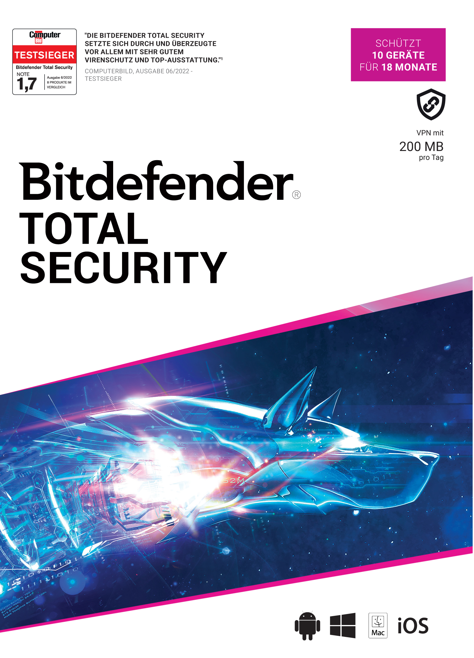Bitdefender Total Security 2024 inkl. 200MB VPN / 10 Geräte / 1,5 Jahre / Download ESD